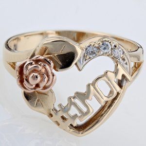 14K Yellow and Rose Gold CZ Cubic Zirconia #1 MOM Heart  & Flower Mother's Ring